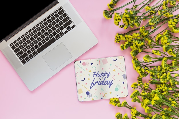 Notebook and laptop mockup with floral decoration for wedding or quote