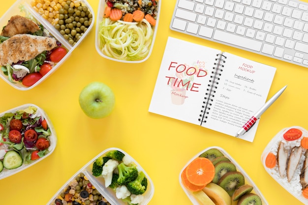 Notebook mock-up and healthy food
