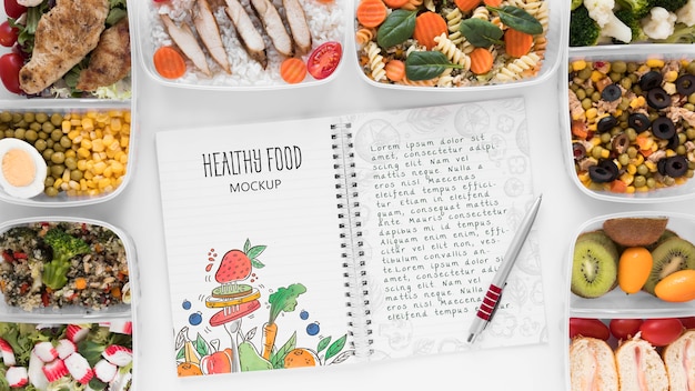 PSD notebook mock-up with healthy food