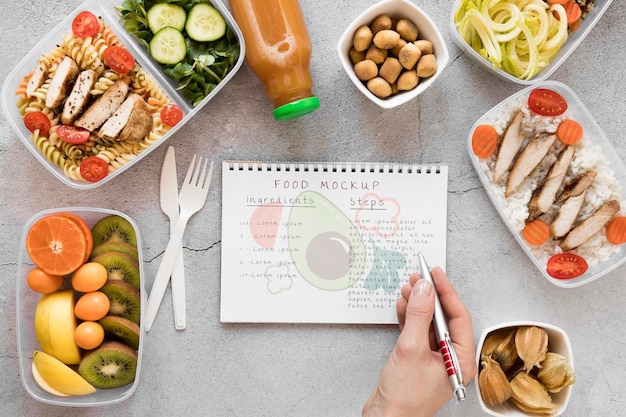 Notebook mock-up with organic food