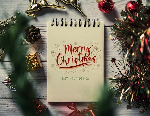 notebook mockup with christmas decoration