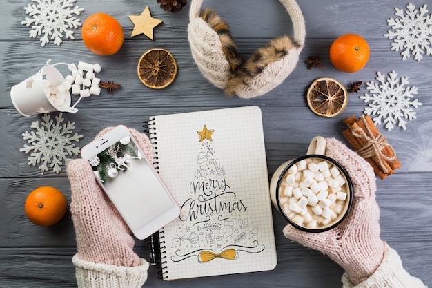PSD notebook mockup with christmas decoration