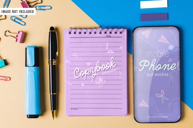 Notebook mockup with phone