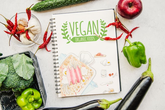 Notebook mockup with vegan food