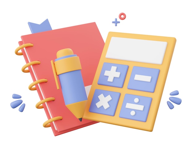 PSD notebook pen and calculator 3d illustration elements of school supplies