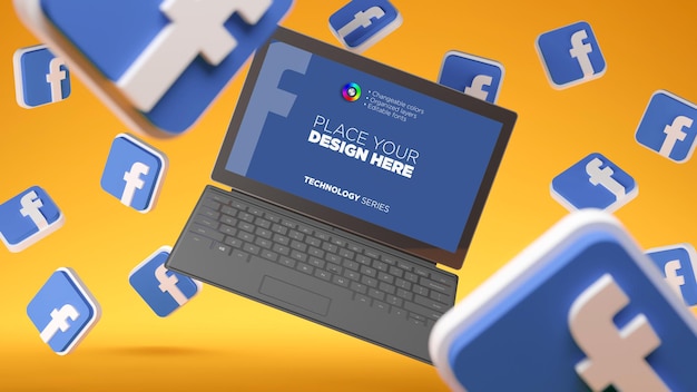 PSD mockup dello schermo del notebook con le icone di facebook