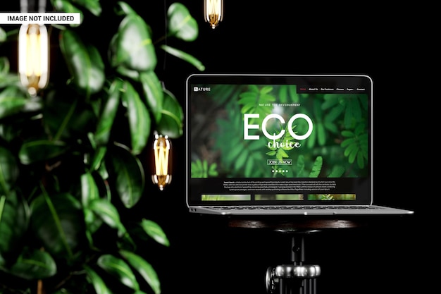 Notebook screen with green plant and light bulbs mockup