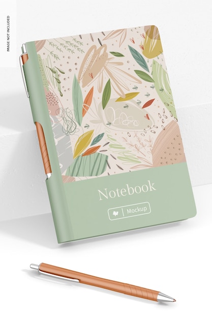 Notebook with Lateral Pen Holder Mockup, Leaned