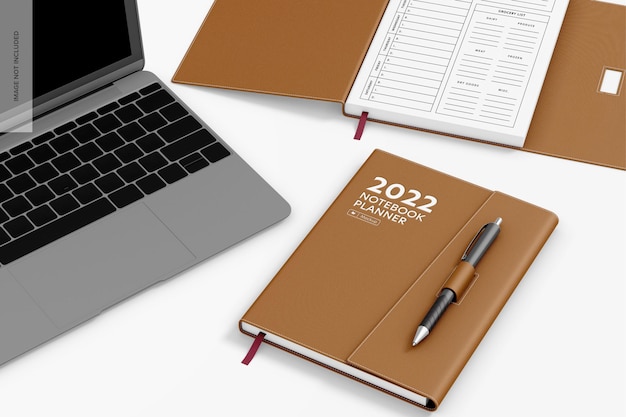 notebook with pen holder mockup, perspective view