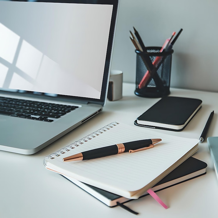 PSD a notebook with a pen on it and a pen on the table next to it mockup