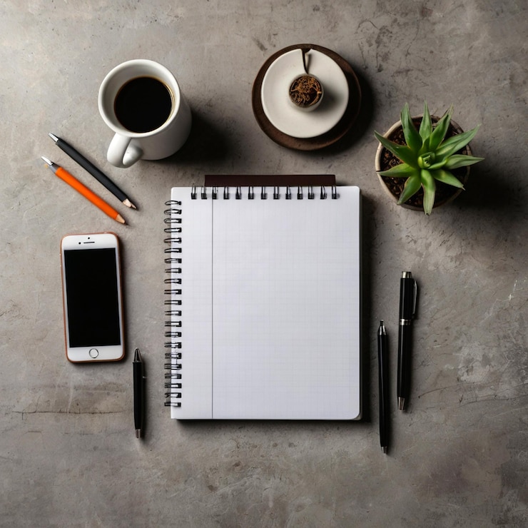 PSD a notebook with a pen on it and a phone on the table