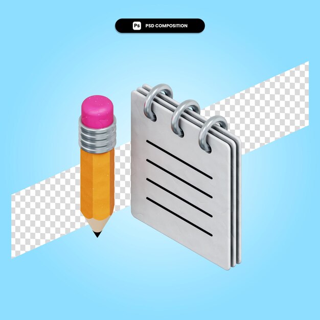 Notebook with pencil 3d render illustration isolated