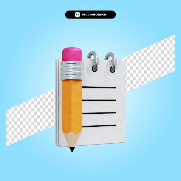 Notebook with pencil 3d render illustration isolated