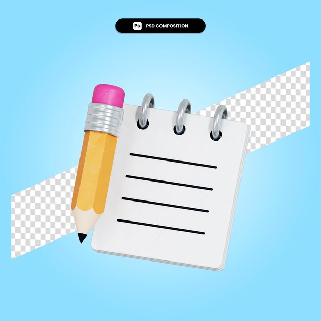 Notebook with pencil 3d render illustration isolated