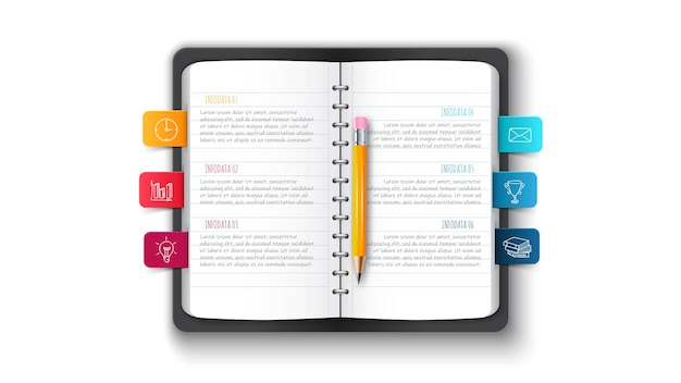 PSD notebook with pencil and bookmarks for infographic template for education presentation