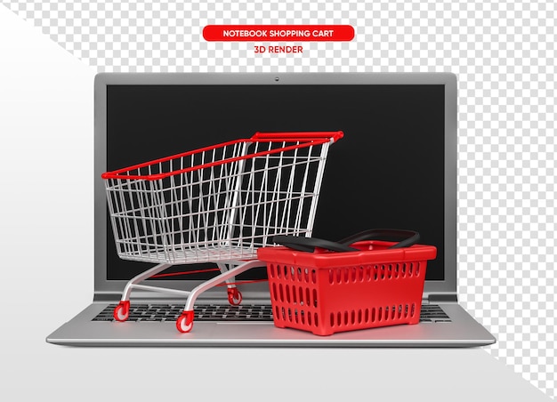 PSD notebook with supermarket trolley and basket in realistic 3d render with transparent background