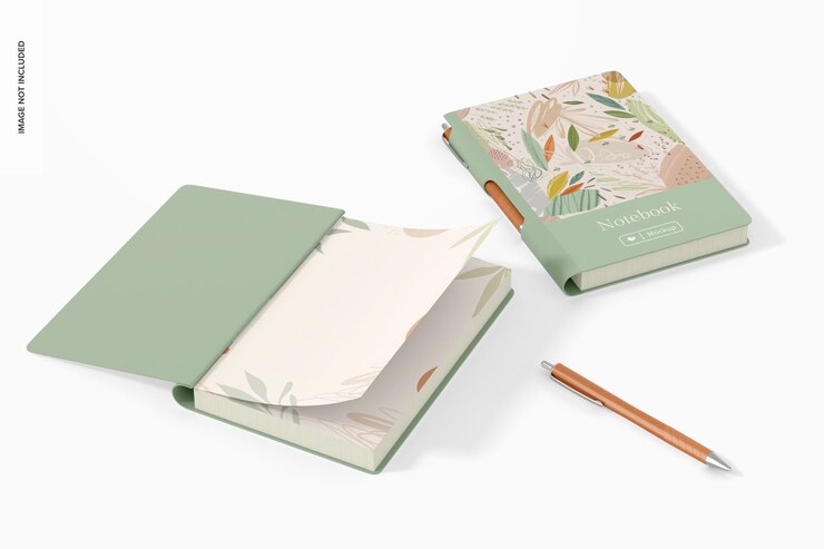 PSD notebooks with lateral pen holder mockup, opened and closed