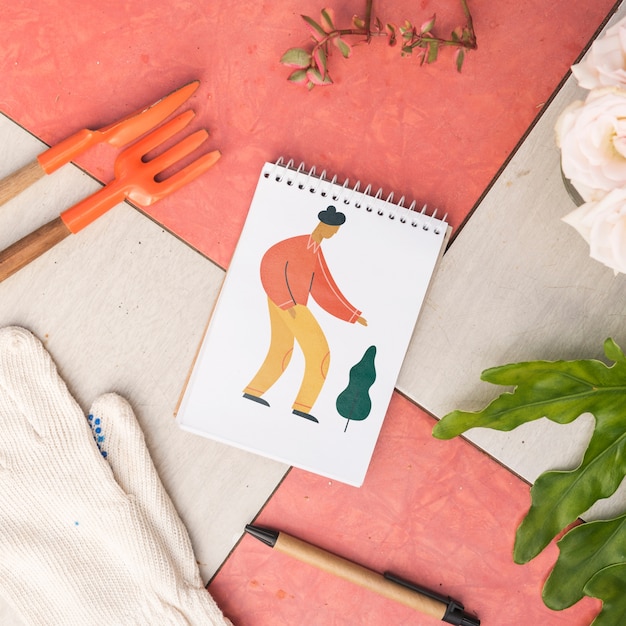 PSD notepad mockup with gardening concept