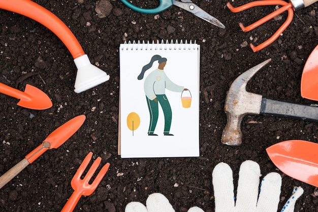 PSD notepad mockup with gardening concept