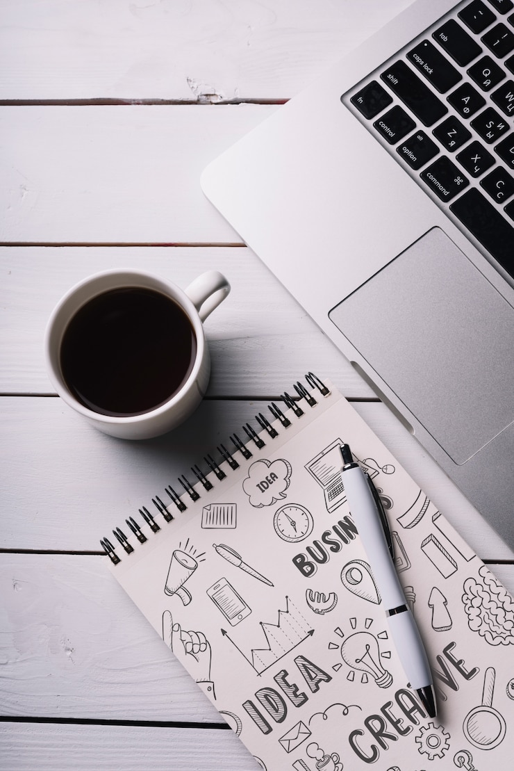 PSD notepad mockup with workspace elements