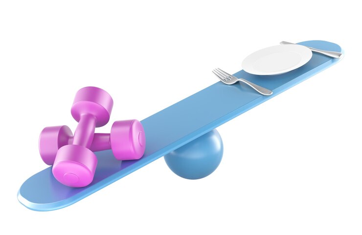 PSD nourishment and sport balance concept fitness dumbbells and empty plate with fork and knife on seesaw 3d rendering isolated on transparent background