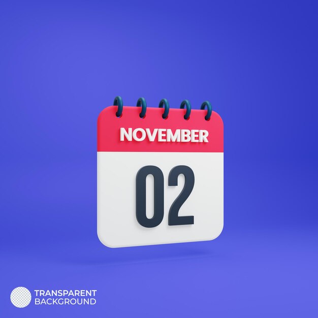 Icona calendario realistico di novembre data di rendering 3d 02 novembre