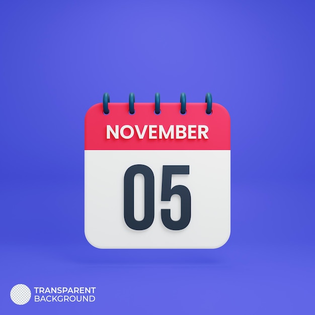 November realistic calendar icon 3d rendered date november 05