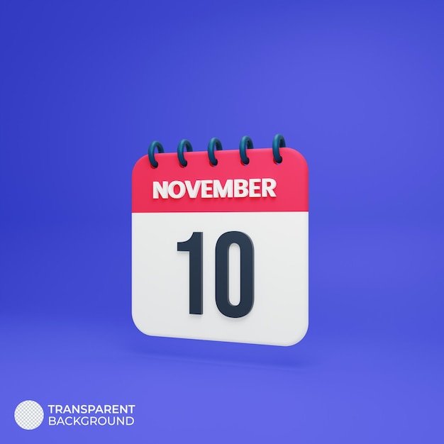 PSD icona calendario realistico di novembre data di rendering 3d 10 novembre