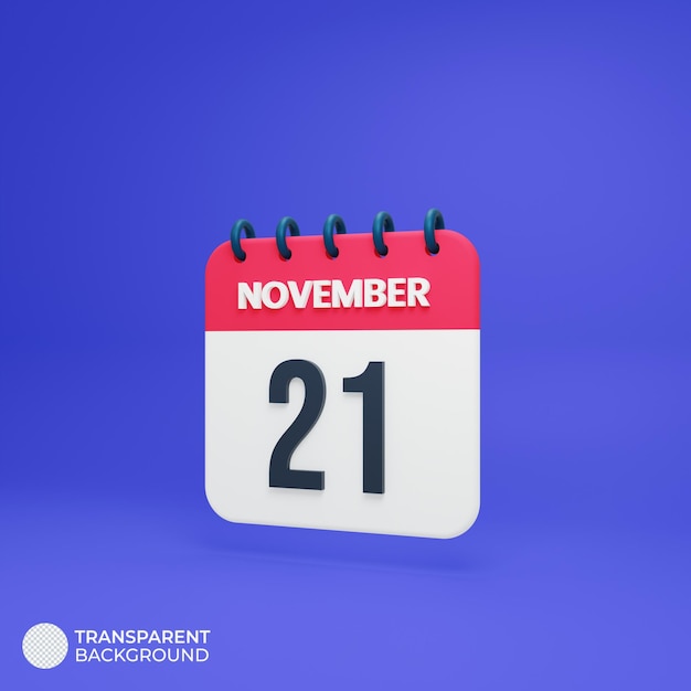 PSD icona calendario realistico di novembre data di rendering 3d 21 novembre