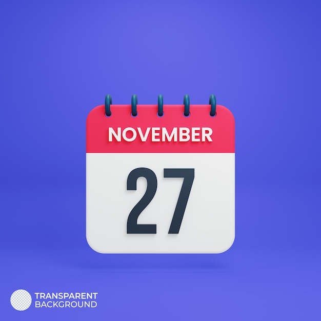 November Realistic Calendar Icon 3D Rendered Date November 27