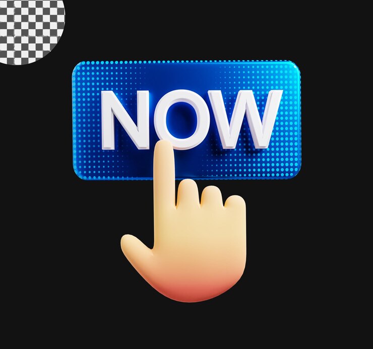 PSD now cta button with a hand 3d render in a transparent background