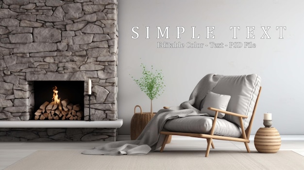 PSD nowoczesna koncepcja pomieszczenia, styl wnętrza, krzesło, kominek, ramka, dywan, dekoracja, szary kamień