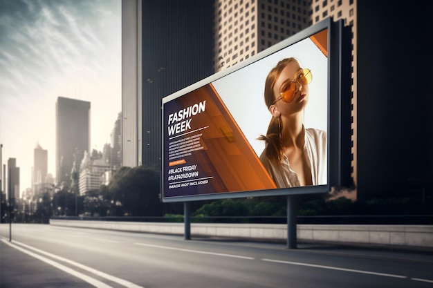 PSD nowoczesna makieta billboardu na drodze w dużym mieście, umieszczenie pustego panelu digital signage na reklamę