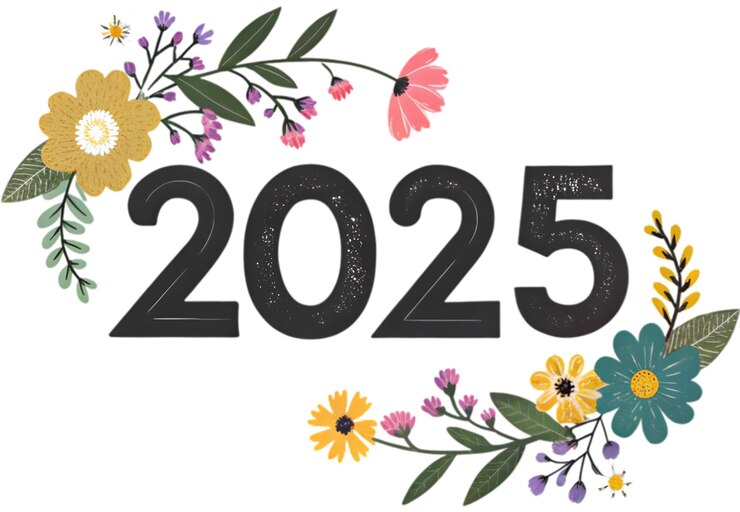 PSD nowoczesne czarne cyfry tańczą wśród delikatnych dzikich kwiatów w minimalistycznym projekcie 2025