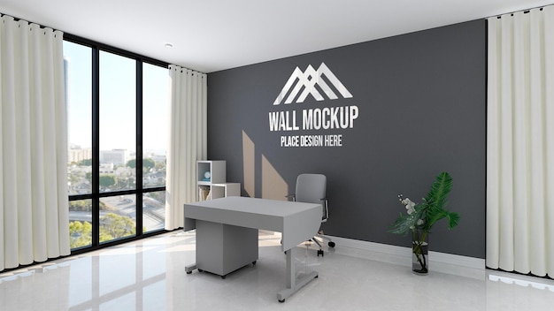 Nowoczesne minimalistyczne wnętrze obszaru roboczego ze świetlistą makietą ściany 3d