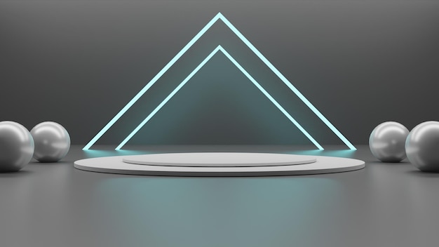Nowoczesne renderowanie 3D białe podium z kulkami na niebieskim tle