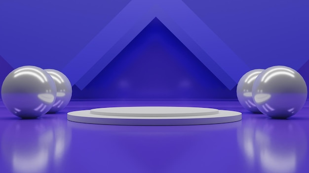 Nowoczesne renderowanie 3D białe podium z kulkami na niebieskim tle