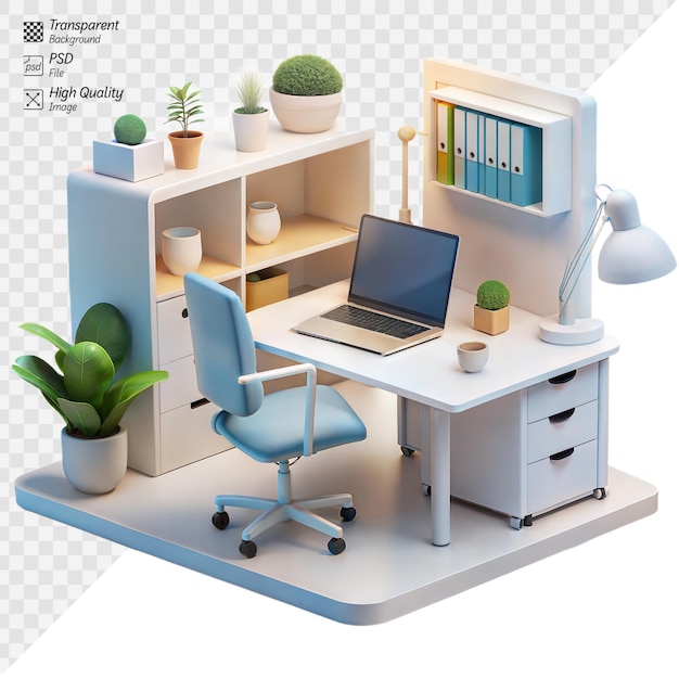 PSD nowoczesne wyposażenie biura domowego z niebieskim krzesłem i laptopem