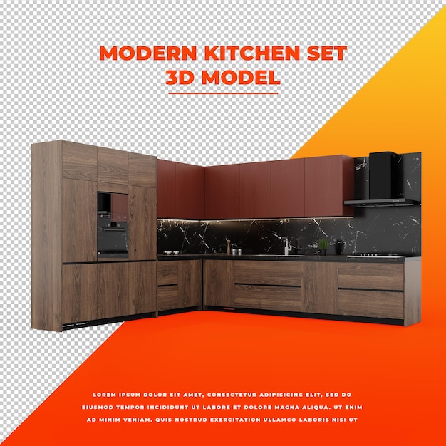 PSD nowoczesny drewniany z marmurowym zestawem kuchennym 3d izolowany model