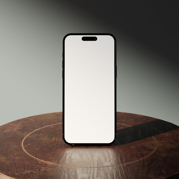 PSD nowoczesny minimalistyczny ekran makiety smartfona stojący na drewnianym stole do szablonu prezentacji aplikacji mobilnej