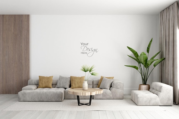 Nowoczesny minimalistyczny salon ze ścianą makiety roślin