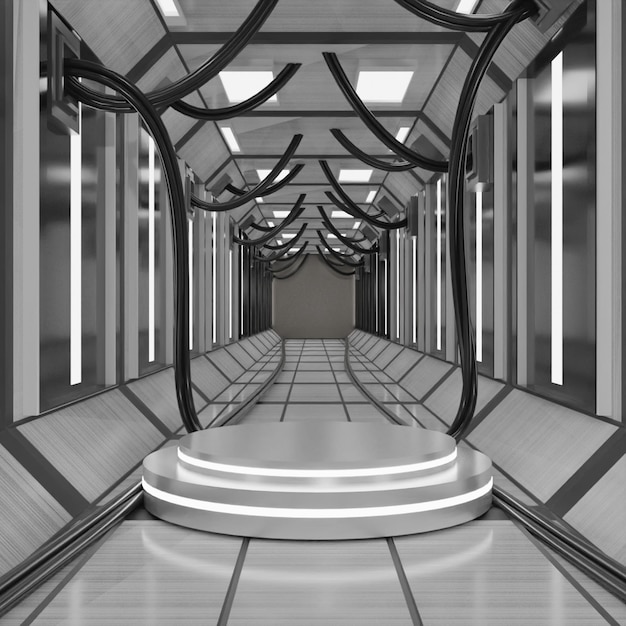 Nowoczesny render 3D w kolorze czarnym Świecące Sci Fi Futurystyczny projekt korytarza Wysoka jakość