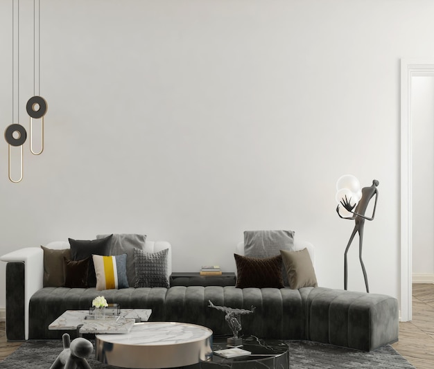 nowoczesny salon ze ścianą makiety