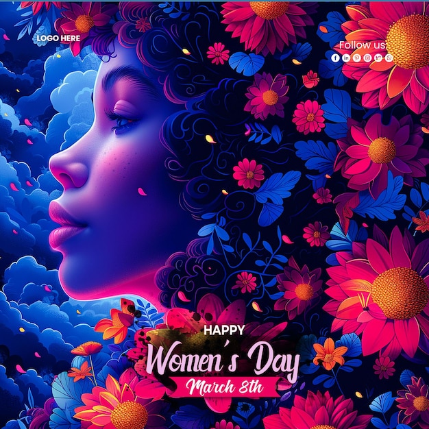 PSD nternational womens day 8 march background with frame of flower and leaves paper art style