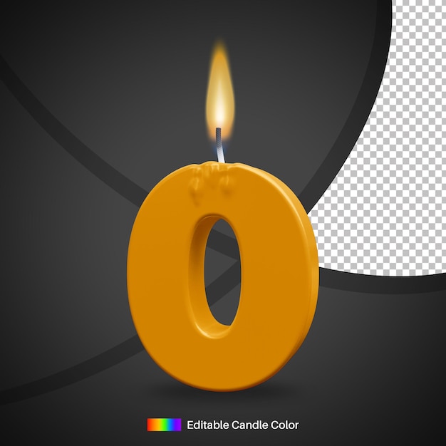 PSD number 0 birthday candle with fire flame for cake decoration element