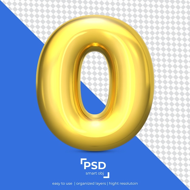 Number 0 in brilliant 3d font made of realistic 3d gold color