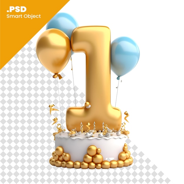 PSD 황금 풍선과 불로 된 생일 케이크 3d 렌더링 psd 템플릿