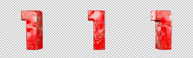 Number 1 (One) from Red scratched metallic numbers collection set. Isolated. 3D Rendering