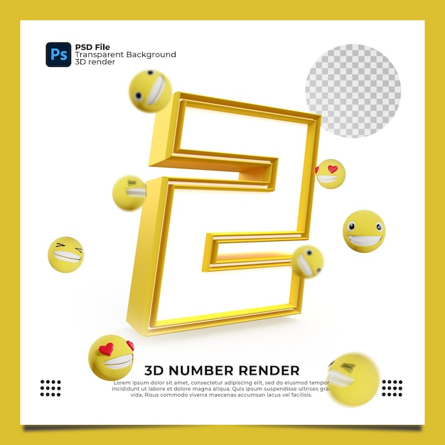 Number 2 3d render yellow color with elements