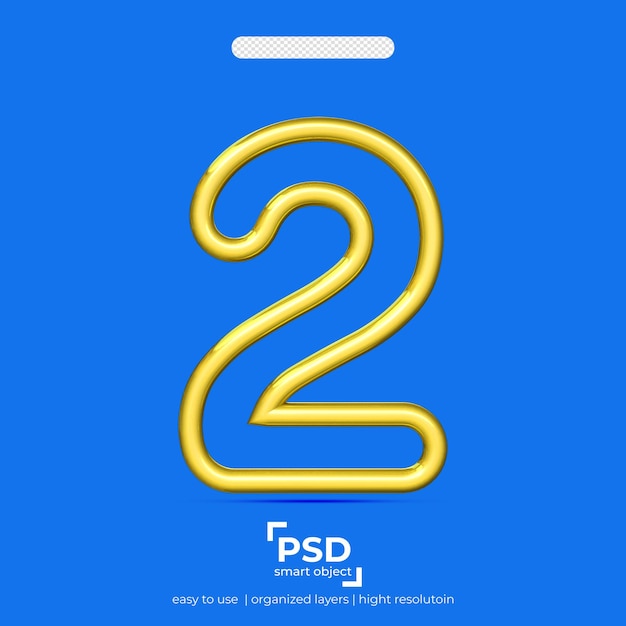 PSD number 2 3d with two line gold color